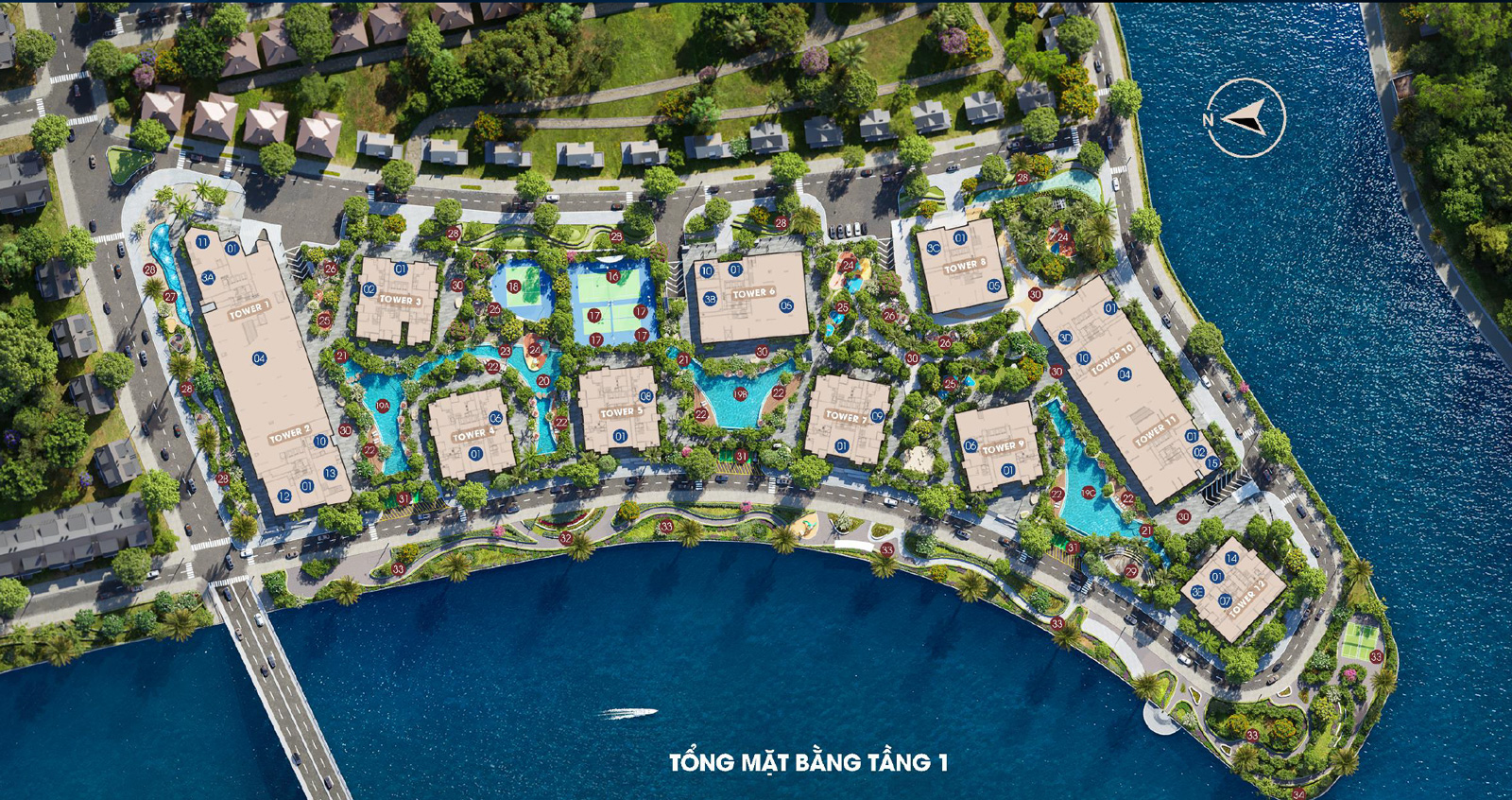 Các tháp có thiết kế tương đồng, sắp xếp với nhịp điệu hình học đồng đều, tạo sự đồng nhất trong tổng thể kiến trúc.